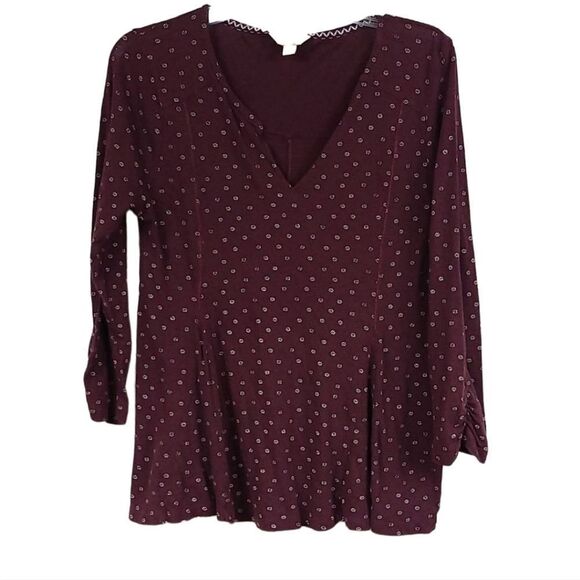 Lucky Brand Burgundy Print Ruched Sleeve Thermal Tee Linen Knit Shirt Medium Top - Picture 12 of 13